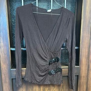 Elegant Brown Wrap Top with Buckle. Very stretchy. Probably would fit a medium